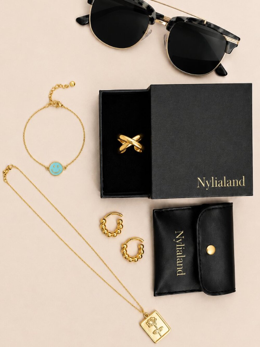 Nylialand Gold Set | Rose Pendant, Smiley Face Bracelet & Sunglasses